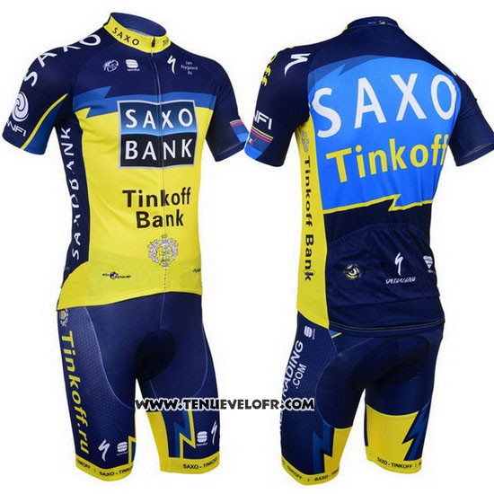 2013 Maillot Ciclismo Tinkoff Saxo Bank Bleu et Jaune Manches Courtes et Cuissard